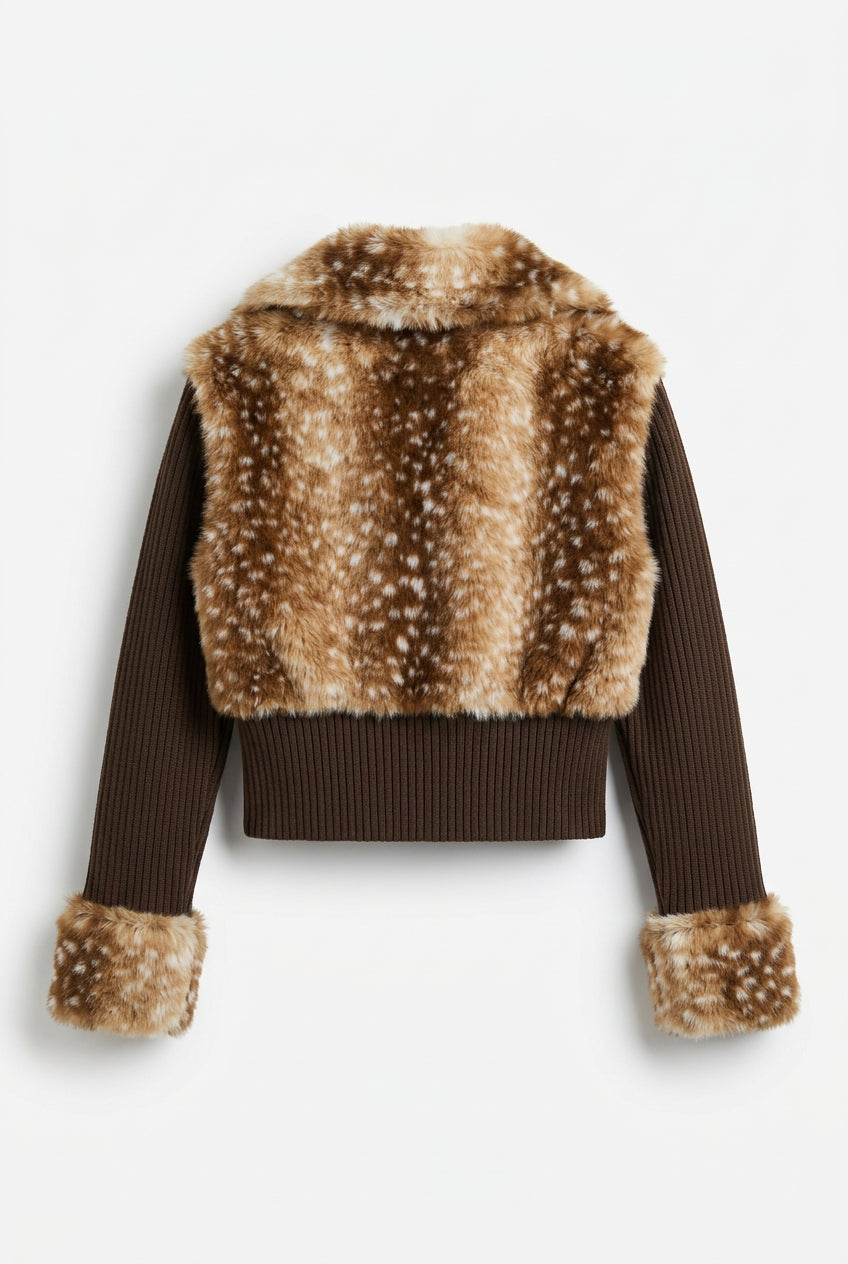 Cropped Faux Fur Trimmed Knit Jacket