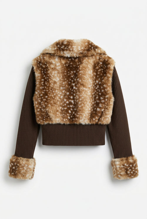 Cropped Faux Fur Trimmed Knit Jacket