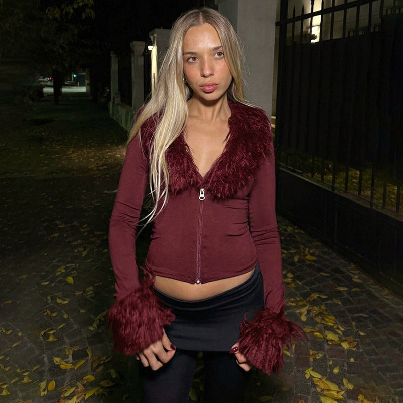 Long Sleeve Faux Fur Collar Zip Top