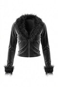 Long Sleeve Faux Fur Collar Zip Top