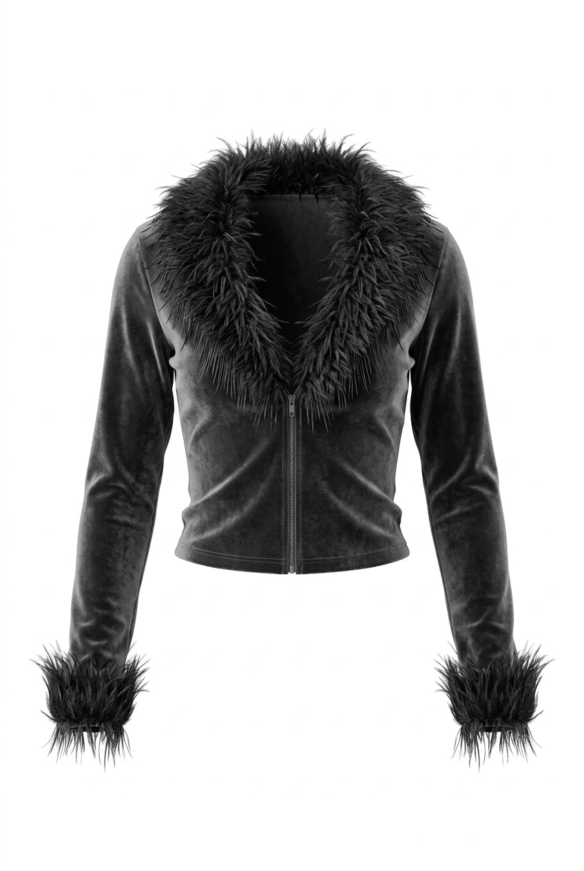Long Sleeve Faux Fur Collar Zip Top