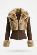 Cropped Faux Fur Trimmed Knit Jacket